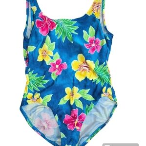 Vintage 90s Catalina Blue Yellow Tropical Floral One Piece Swimsuit